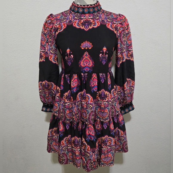 Anthropologie Dresses & Skirts - Anthropologie Boho Paisley Print Mock Neck Long Sleeve Mini Dress Size 0P